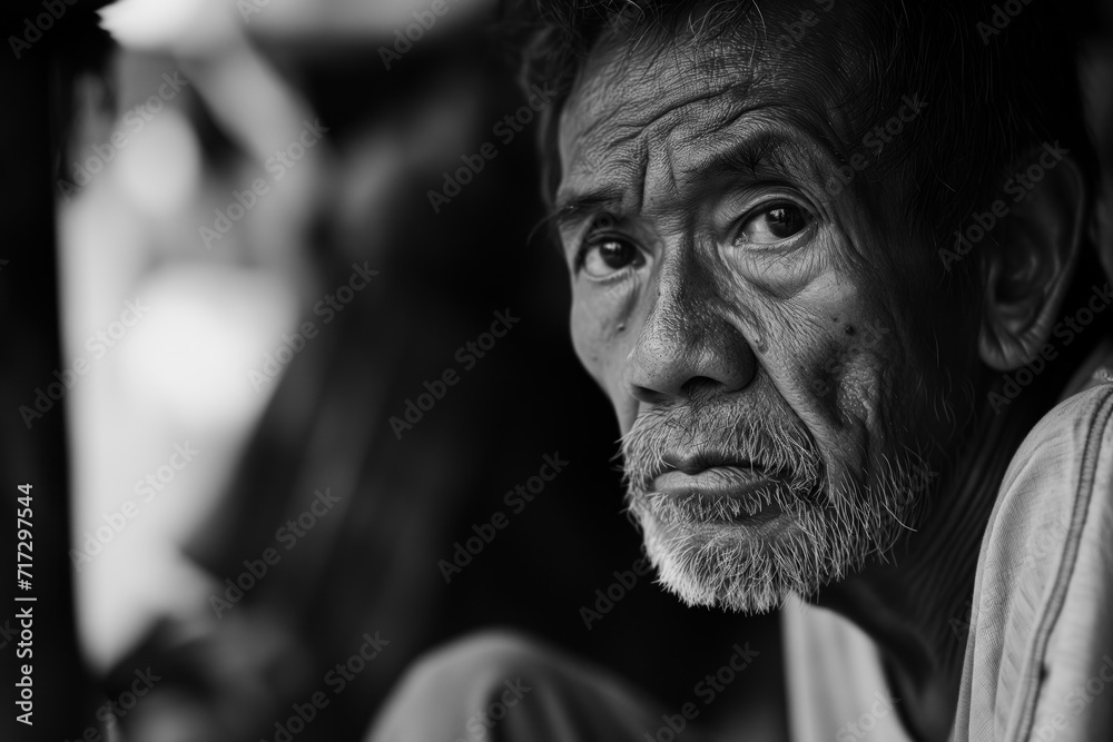 A black and white close-up portrait of an old Asian man from Cambodia showing wrinkles and age, living in poverty. A black and white close-up portrait of an old Asian man from Cambodia showing wrinkles and age, living in poverty.