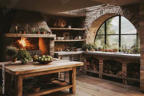 A rustic kitchen with wooden cabinets and a stone wall. The dining table has utensils, and a potted plant. The atmosphere is cozy with a warm ambiance.