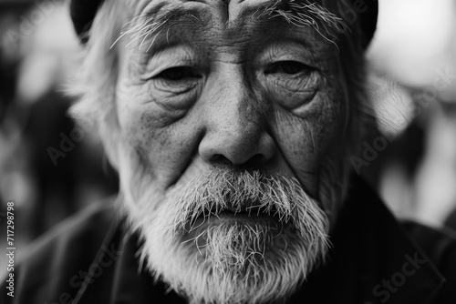 A black and white close-up portrait of an Asian man showing wrinkles and white hair, a war veteran who saw Vietnam, Cambodia and the Khmer Rouge.  photo