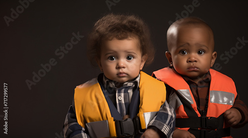 Two black immigrant refugee babies from Africa with life jackets isolated on a dark background, symbolizing the humanitarian drama of migration due to war and poverty