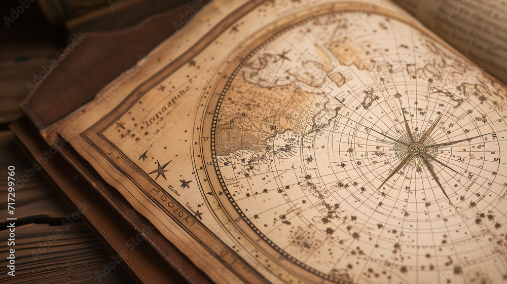 A vintage star map with constellations and zodiac signs, beautifully aged and detailed old scroll, displayed on a wooden surface