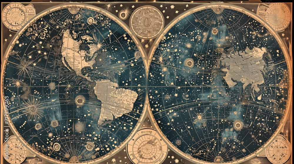 Fototapeta premium An ancient star map with an old representation of constellations and stars, adorned with golden symbols of medieval astrology, and phases of the moon and celestial bodies