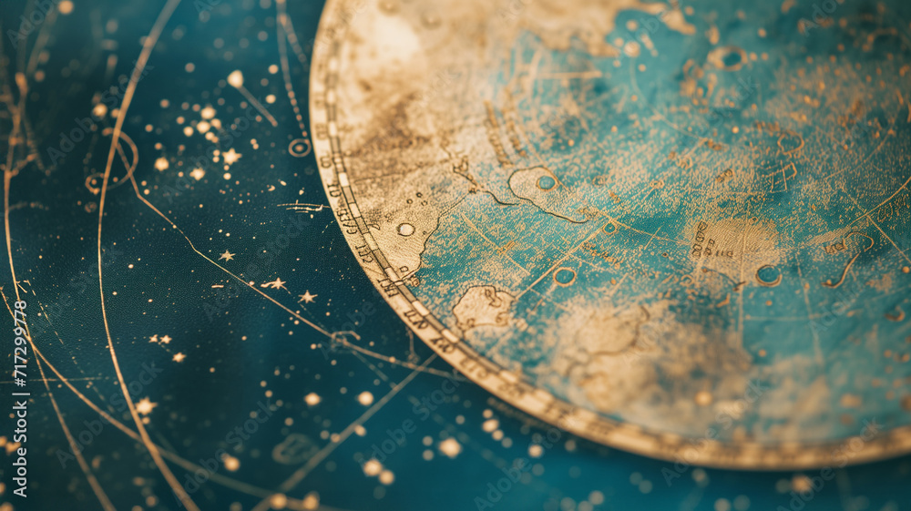 Obraz na płótnie Ancient star map depicting the movement of celestial bodies, with the world in a golden circle, the earth and the blue sea, and stars in the background with  lines. Mystic wallpaper for magic contents w salonie
