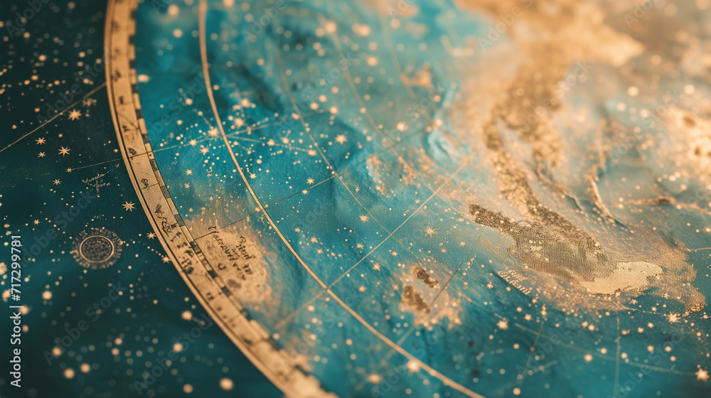 Close-up of a celestial map with intricate golden constellations against a deep blue and teal background, evoking mystery and exploration - obrazy, fototapety, plakaty 