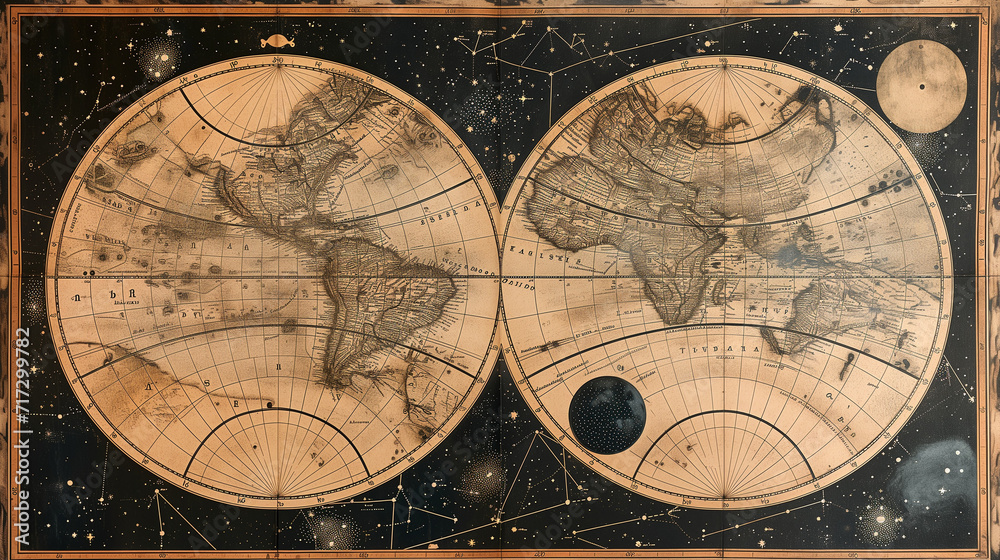 An ancient world map with an old representation of constellations and stars from of medieval astrology. Cartographic mapping of the planet's land and sea in circular representations