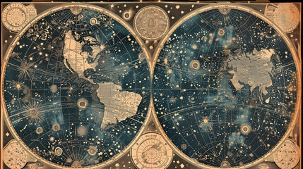 An ancient star map with an old representation of constellations and stars, adorned with golden symbols of medieval astrology, and phases of the moon and celestial bodies