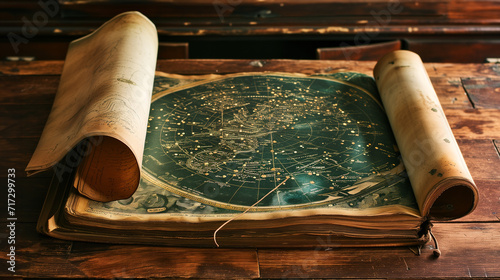 Ancient files of old star maps of the cosmos with constellations drawn on wrinkled and rolled parchments with prophecies, on the old desk of a wooden table of an astronomer. Magic background wallpaper © Domingo