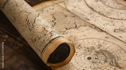 Ancient cartographic map on an old yellowed parchment paper rolled up on a wooden table, featuring drawings of lands and islands. Background of exploration and discoveries.