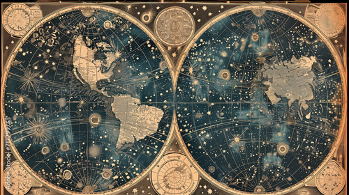 An ancient star map with an old representation of constellations and stars, adorned with golden symbols of medieval astrology, and phases of the moon and celestial bodies