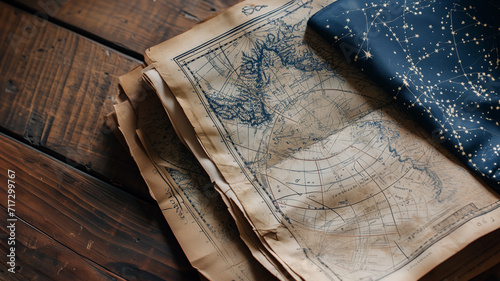 Ancient cartographic maps on old and weathered papers spread across a wooden table, with a star chart on top. Exploration, adventures, and astrology for the background of a banner or wallpaperr