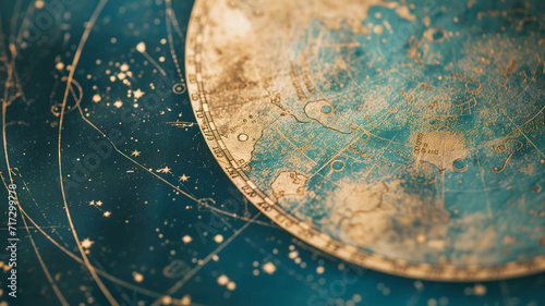 Ancient star map depicting the movement of celestial bodies, with the world in a golden circle, the earth and the blue sea, and stars in the background with  lines. Mystic wallpaper for magic contents photo