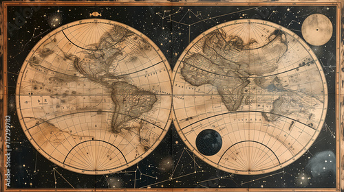 An ancient world map with an old representation of constellations and stars from of medieval astrology. Cartographic mapping of the planet's land and sea in circular representations