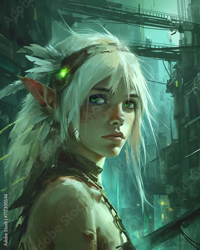 A cute cyborg futuristic emo girl in a underground city with log buildings at night with elf ears and long white blonde hair, tech female uwu style a gothic style portrait, AI generated. photo