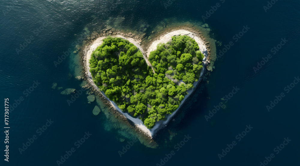 Aerial View of a Heart-Shaped Tropical Retreat, A unique heart-shaped island, fringed by beaches and surrounded by the clear blue waters of a serene ocean Aerial View of a Heart-Shaped Tropical Retreat, A unique heart-shaped island, fringed by beaches and surrounded by the clear blue waters of a serene ocean