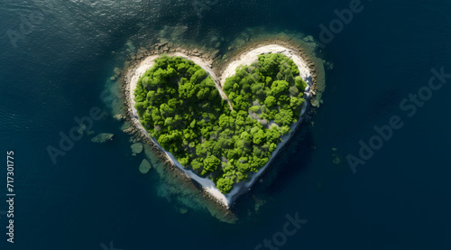 Aerial View of a Heart-Shaped Tropical Retreat, A unique heart-shaped island, fringed by beaches and surrounded by the clear blue waters of a serene ocean