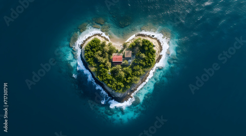 Aerial View of a Heart-Shaped Tropical Retreat, A unique heart-shaped island, fringed by beaches and surrounded by the clear blue waters of a serene ocean