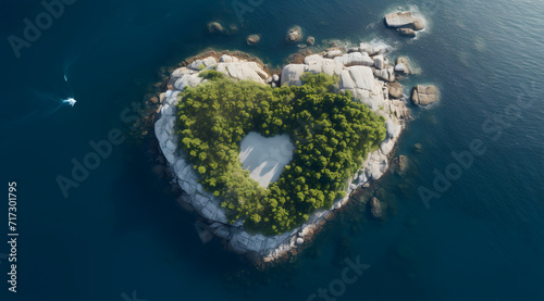 Aerial View of a Heart-Shaped Tropical Retreat, A unique heart-shaped island, fringed by beaches and surrounded by the clear blue waters of a serene ocean © MAJGraphics