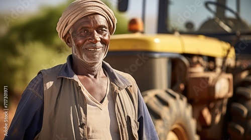 African senior male farmer standing next to the tractor 