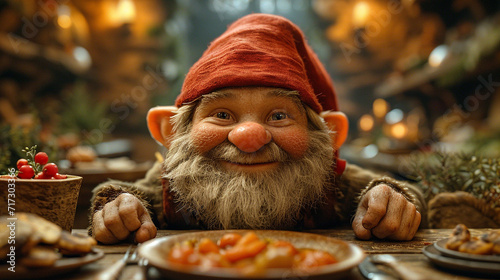A smiling mythical gnome at the dinner table photo