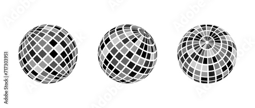 Black disco ball set. Collection of shining spheres in different angles. Turning music globe or planet bundle. Mirror ball element pack for poster, banner, music cover, party. Vector illustration