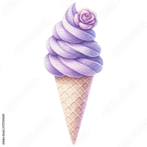 Watercolor Purple Rose Shaped Gelato in Cone, Valentine Flower Ice Cream Cone, Frozen Sweet Dessert, Isolated on Transparent Background. Generative AI