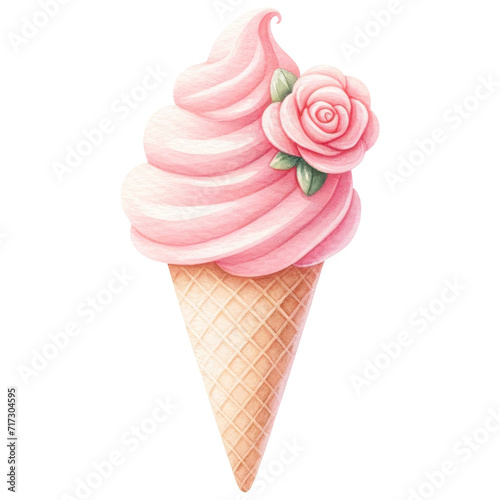 Watercolor Pink Rose Shaped Gelato in Cone, Valentine Flower Ice Cream Cone, Frozen Sweet Dessert, Isolated on Transparent Background. Generative AI