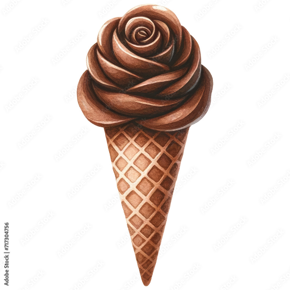 Watercolor Chocolate Brown Rose Shaped Gelato in Cone, Valentine Flower Ice Cream Cone, Frozen Sweet Dessert, Isolated on Transparent Background. Generative AI Watercolor Chocolate Brown Rose Shaped Gelato in Cone, Valentine Flower Ice Cream Cone, Frozen Sweet Dessert, Isolated on Transparent Background. Generative AI