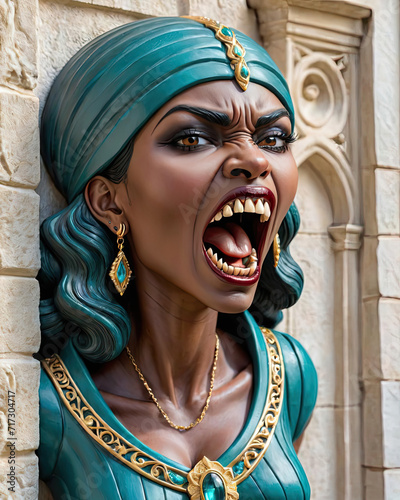 Highly Artistic Portrait of a Roaring Twenties Vampire with Gothic Architecture and Bas-Relief Stone Carving Gen AI photo