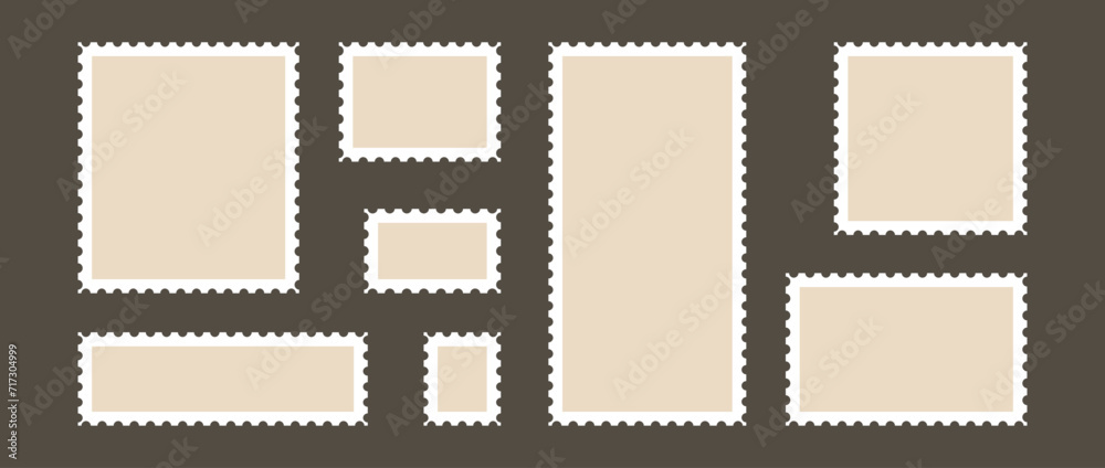Postage stamp set. Post stamp frames and borders. Beige square and rectangular template for mail, postcard, letter. Jagged wavy edge forms. Vintage objects for poster, banner, badge, sticker. Vector