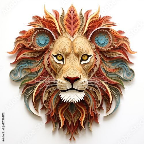 Lion portrait in paper cut and quilling art technique.