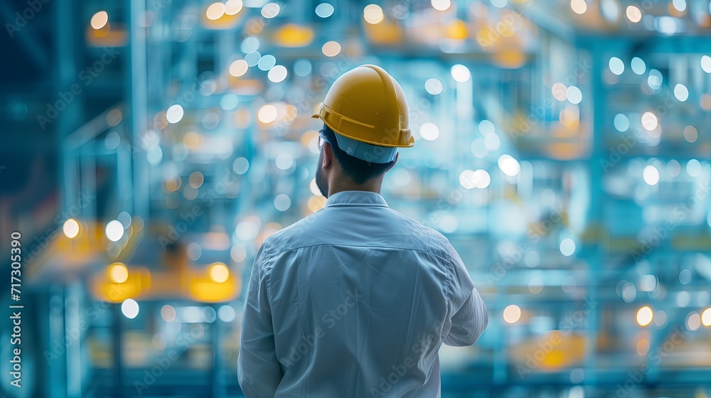Engineer in hard hat facing illuminated facility Engineer in hard hat facing illuminated facility