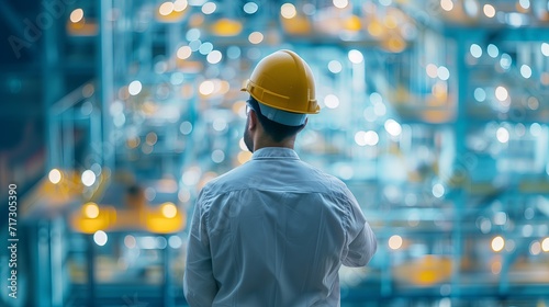 Engineer in hard hat facing illuminated facility
