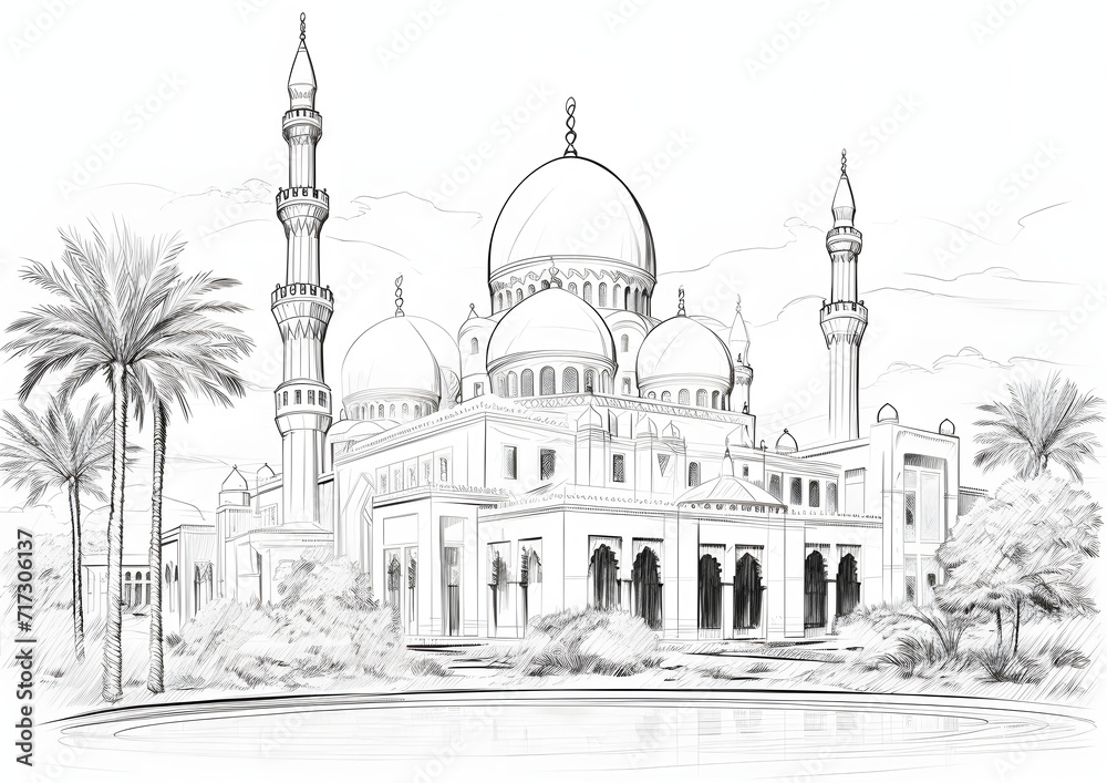 Black sketch of a mosque with domes and minarets, Palm trees, and reflected in the calm waters of an oasis, Isolated Illustration
