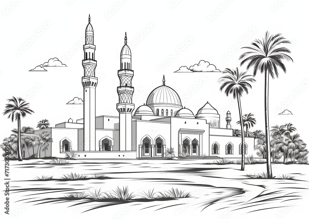 Pencil Sketch of a Mosque with Palm Trees illustration, A detailed black and white sketch portraying the elegant structure of a mosque with towering minarets, domed roofs, and surrounding palm trees