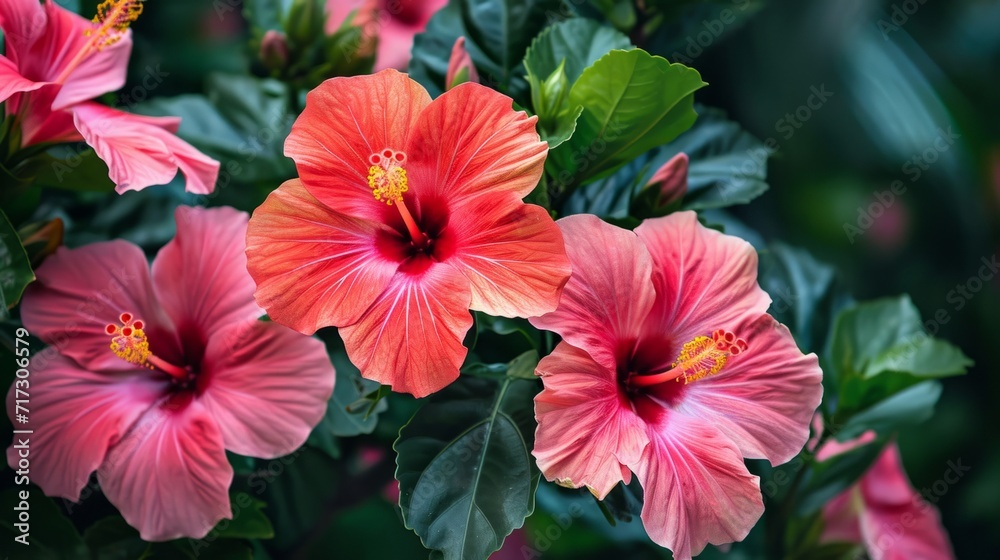 Vivid hibiscus flowers in a tropical garden, generative ai Vivid hibiscus flowers in a tropical garden, generative ai