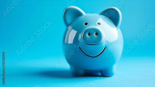 Blue piggy bank with a playful smile  on a vibrant blue background. generative ai
