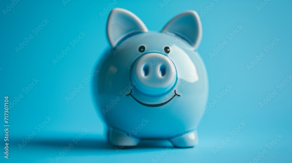 Blue piggy bank with a playful smile, on a vibrant blue background. generative ai Blue piggy bank with a playful smile, on a vibrant blue background. generative ai