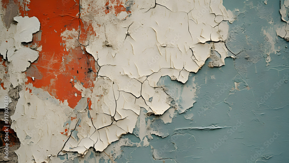 Decay and Texture: Time's Effect on Paint Layers, Art of Peeling Paint on a Weathered Wall, Tapestry of orange and blue hues beneath the flaking white surface