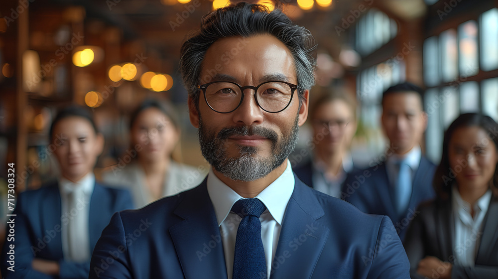 Smiling and confident CEO - close-up shot - business leader - blurred background Smiling and confident CEO - close-up shot - business leader - blurred background