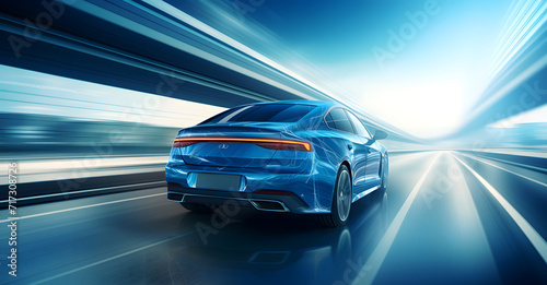 A blue car is driving down a highway. The car is moving fast and is surrounded by a blur of blue. The car is the main focus of the image, and it is in motion © MAJGraphics