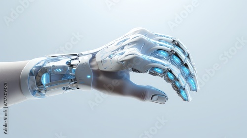 robotic hand holding an ai word for the first time, in the style of light silver and sky-blue, simplified forms and shapes, use of common materials, light beige and white, intel core, eco-friendly photo