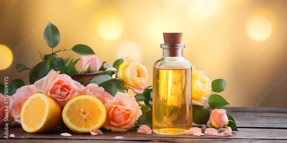 A bottle of essential oil, by blooming pink roses and fresh lemon halves, set against a warm, bokeh light background A bottle of essential oil, by blooming pink roses and fresh lemon halves, set against a warm, bokeh light background