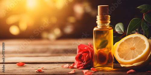 A bottle of essential oil, by blooming pink roses and fresh lemon halves, set against a warm, bokeh light background