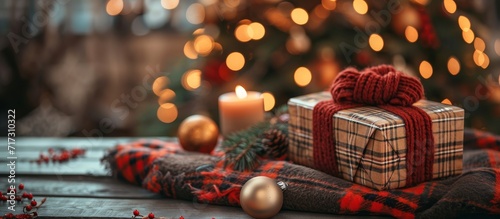 Giftcard in a cozy plaid shirt for Christmas ambiance. photo