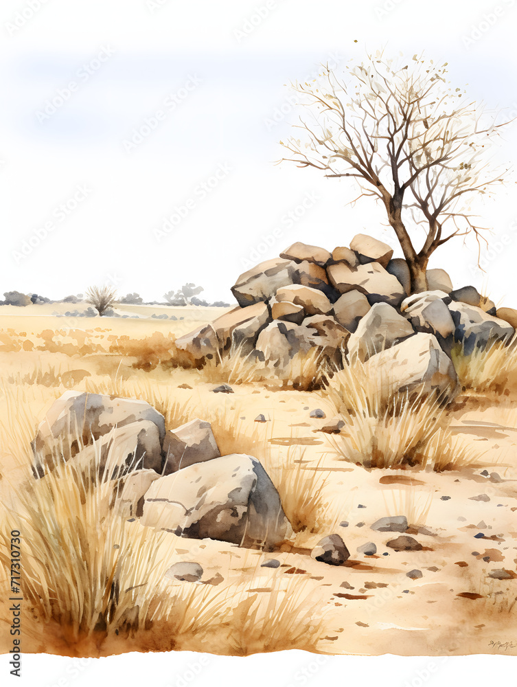 African Savanna Serenity: Isolated Rocks Amidst Fading Grass, Depicts a serene scene with a cluster of weathered rocks set against the backdrop of faded grass and sparse trees