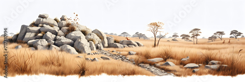Savanna Serenity: Isolated Rocks Amidst Fading Grass, a Panoramic African savanna faded grass and sparse trees