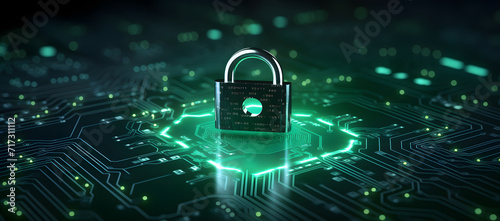 Digital Fortress Emblem of Cybersecurity on a Circuit Board, Glowing padlock symbolizing robust cybersecurity, superimposed over a complex green circuit board network