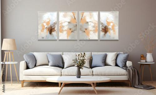 A large painting of a blue and white swirl with gold accents hangs on the wall above a white couch. The room is clean and minimalist, with a few decorative elements such as a potted plant and a vase