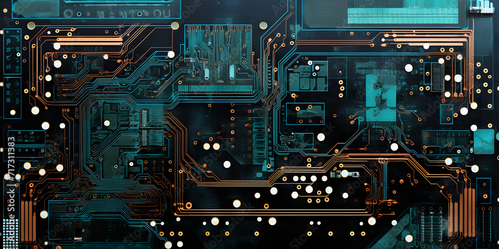 Fototapeta premium Close-up an electronic circuit board with intricate pathways illuminated in blue, the complex connectivity of modern technology