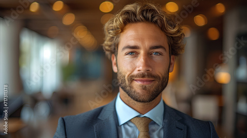 Close-up view of a smiling and confident white male business executive - CEO - Professor - Office worker - blurred background - motivated professional